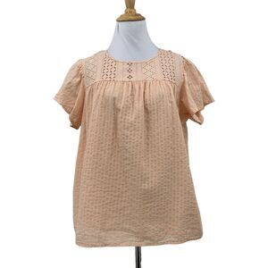 Ella Moss Brianne Eyelet Blouse Women M Medium Pink Flutter Sleeves Keyhole Back
